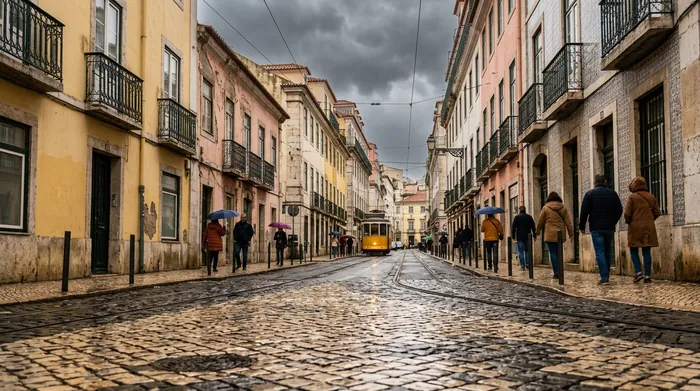 Illustration of a wet Lisbon street under rain clouds