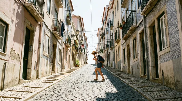 Illustration of a walker climbing a steep Lisbon lane in summer sun
