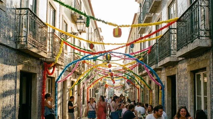 Illustration of a Lisbon street hung with festival garlands