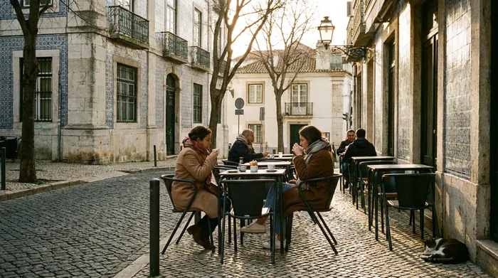 Illustration of a quiet Lisbon café terrace in winter sun