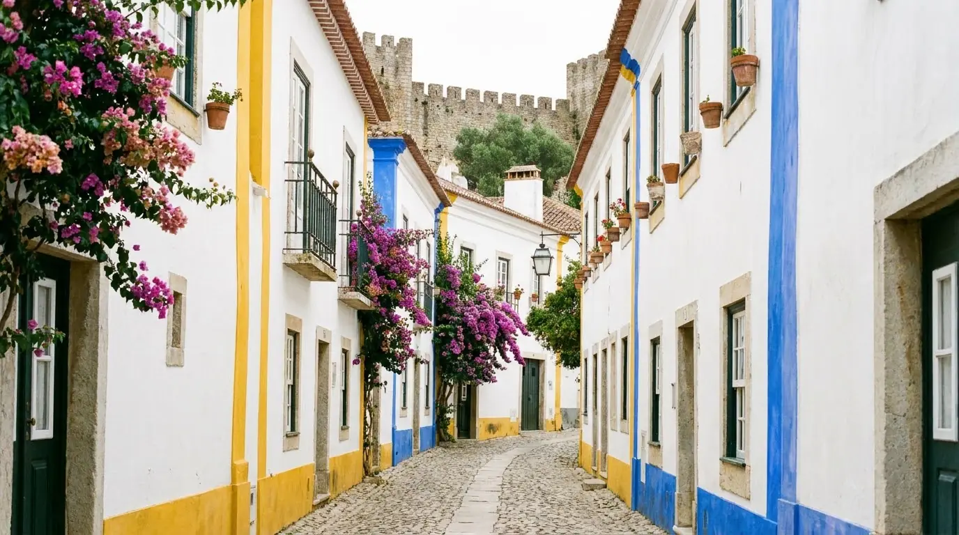 Illustration of a whitewashed lane with bougainvillea inside the walls of Óbidos