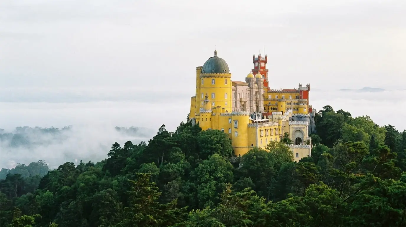 Illustration of Pena Palace above the wooded hills of Sintra in morning mist