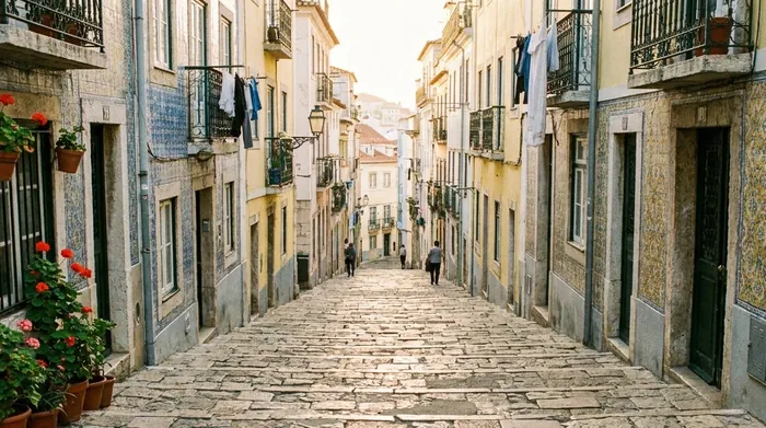 Illustration of a steep stepped lane between tiled houses in Alfama, Lisbon