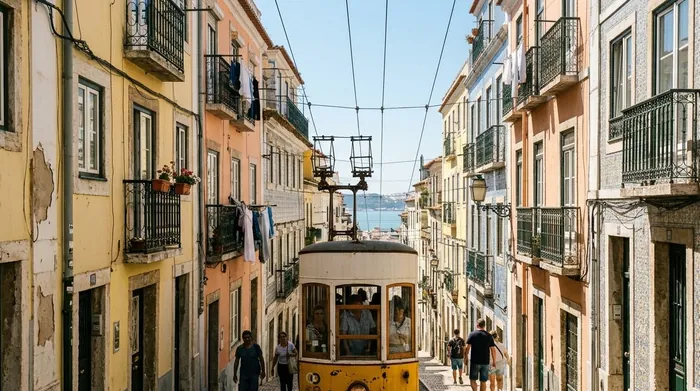 Illustration of a yellow tram on a narrow street of old buildings in Lisbon