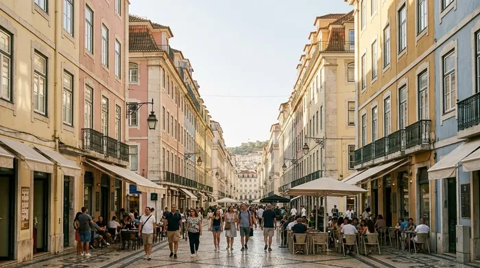 Illustration of a pedestrian street with patterned paving in downtown Lisbon