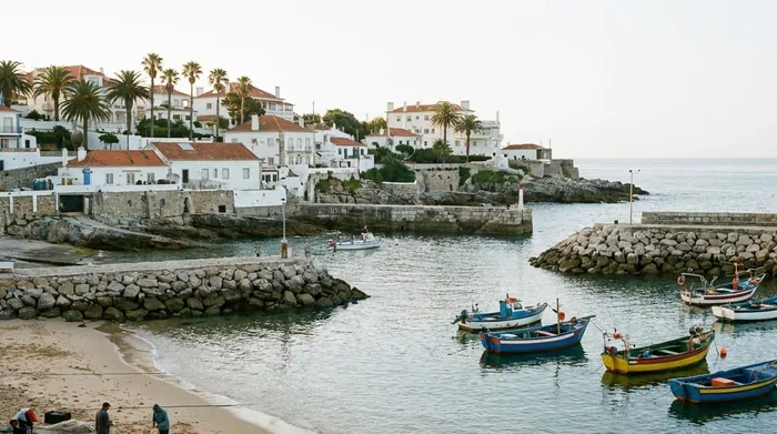 Illustration of a small harbour beach in a seaside town near Lisbon