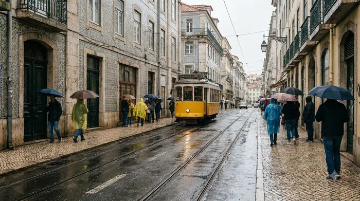 Illustration of a Lisbon street in autumn rain