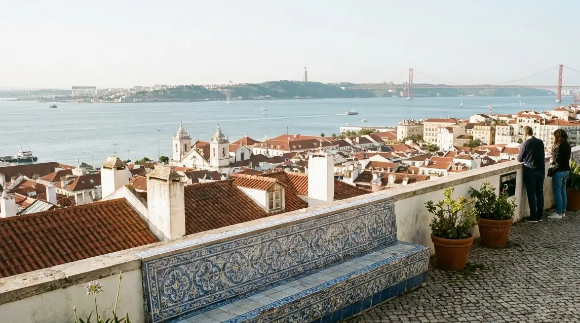 Illustration of the view from a Lisbon viewpoint over rooftops to the Tagus