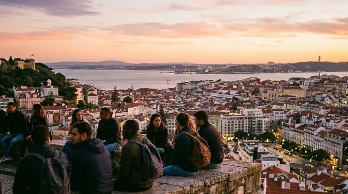 Illustration of people watching sunset over Lisbon from a viewpoint