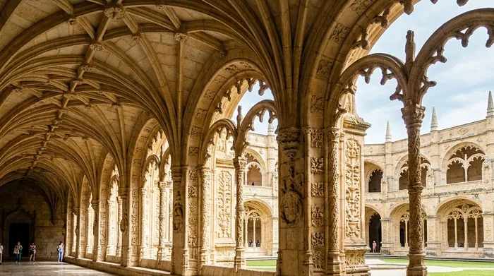 Illustration of an ornate carved stone cloister in Belém, Lisbon