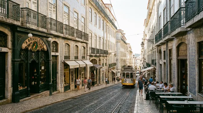 Illustration of a sloping street with cafés in Chiado, Lisbon