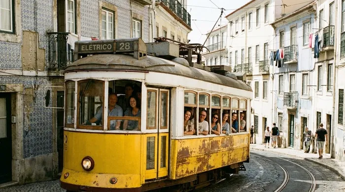 Illustration of an old yellow tram on a narrow curve in Lisbon