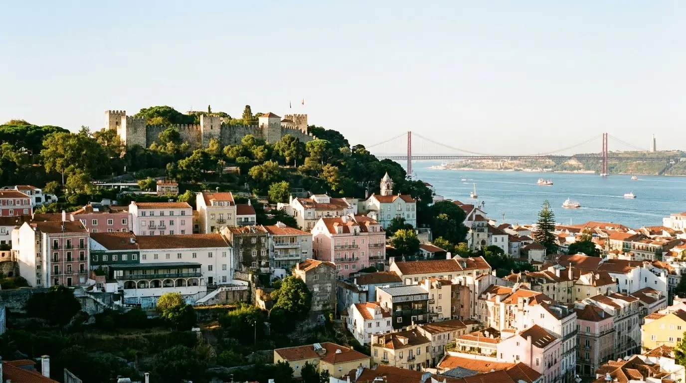 Illustration of castle walls above Lisbon's old quarter and the river