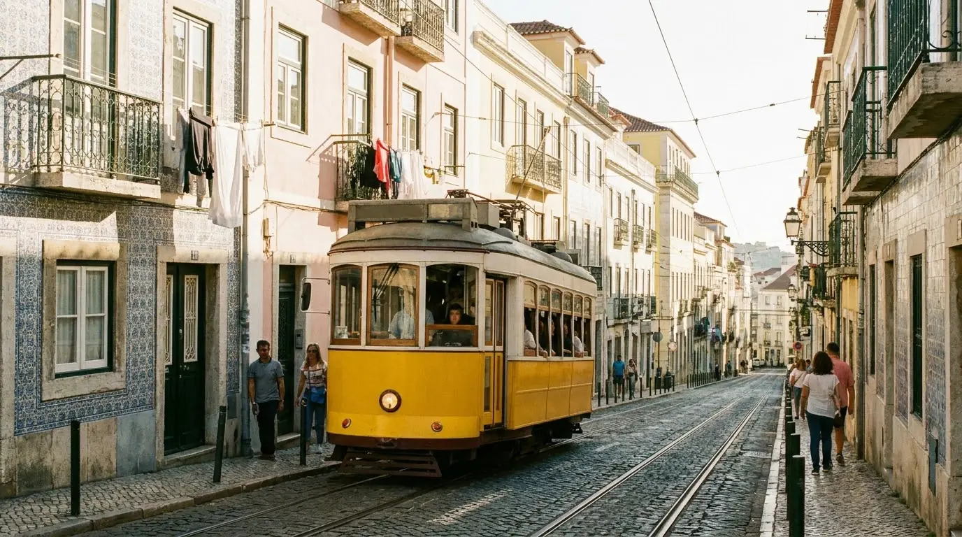 Illustration of a yellow tram climbing a narrow street in Lisbon's old quarter