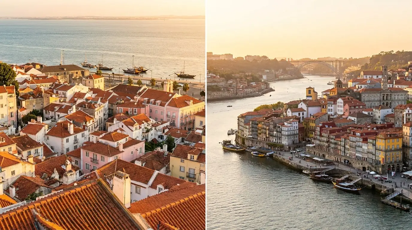 Illustration of Lisbon's Alfama rooftops beside Porto's Ribeira on the Douro