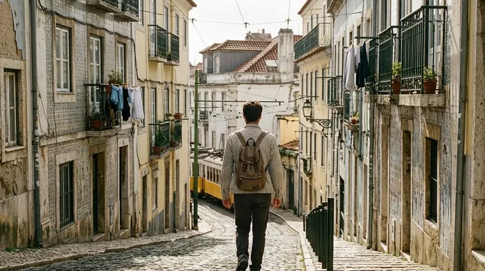 Illustration of a traveller walking up a steep cobbled lane in Lisbon
