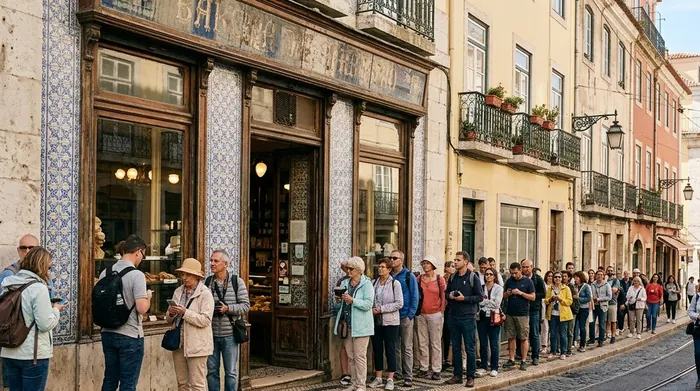 Illustration of a queue outside a historic bakery in Lisbon
