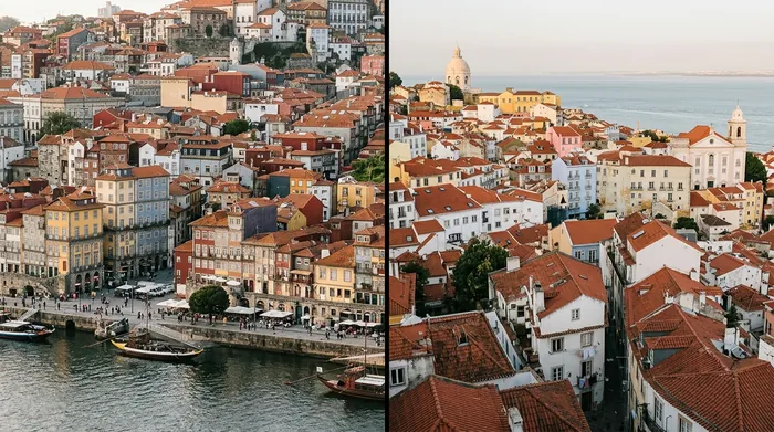 Illustration contrasting Porto's riverside and Lisbon's rooftops