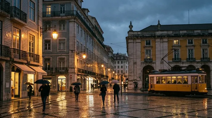 Illustration of rain on a polished stone square in Lisbon