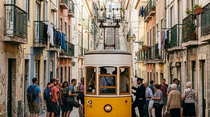 Illustration of passengers boarding a funicular in Lisbon