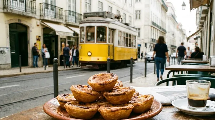 Illustration of custard tarts on a café table in Lisbon