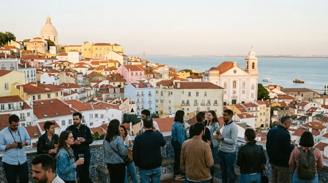 Illustration of people on a Lisbon viewpoint at sunset