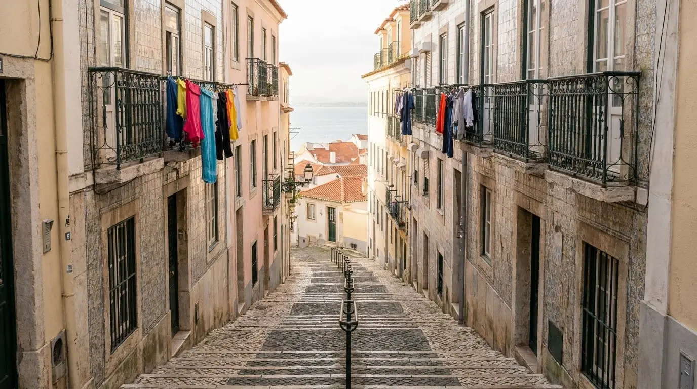 Stepped cobbled lane in Alfama, Lisbon, with tiled houses above the Tagus