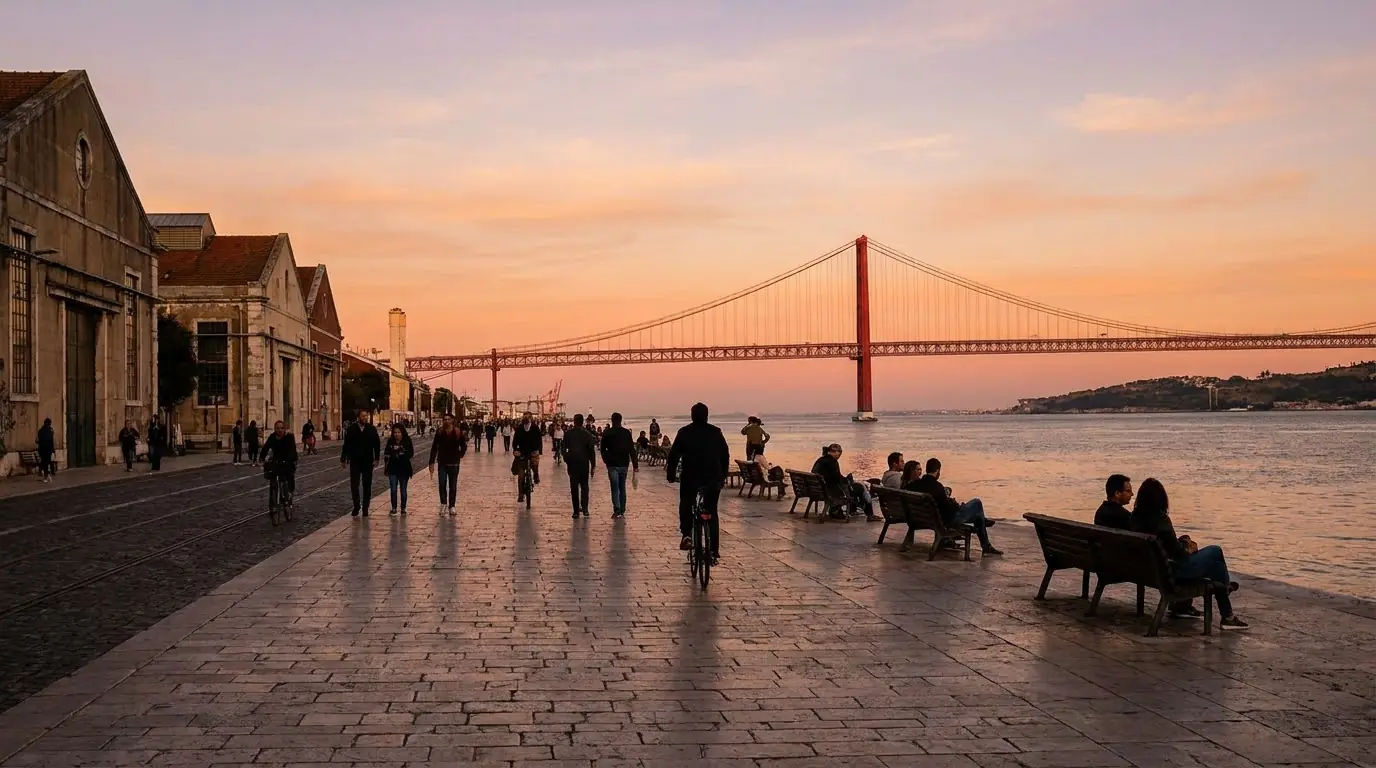 People walking on the Tagus waterfront near Cais do Sodré in Lisbon at sunset