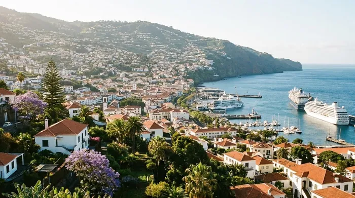 Illustration of Funchal on the hillside above its harbour