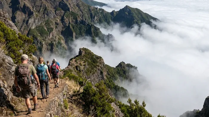 Illustration of hikers on a ridge path above the clouds on Madeira