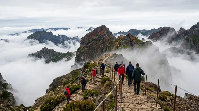 Illustration of walkers in jackets at a cloudy mountain viewpoint on Madeira