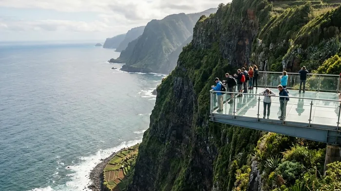 Illustration of a glass viewing platform on a sea cliff on Madeira