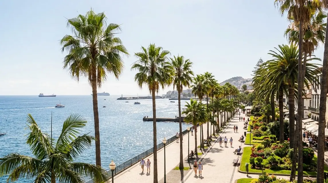 Illustration of Funchal's sunny waterfront in summer