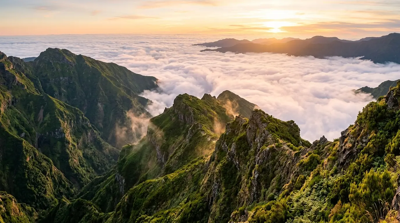 Illustration of Madeira's mountain ridges above the clouds at sunrise