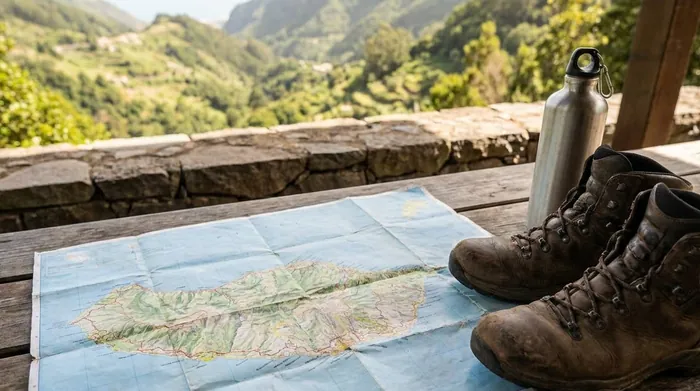 Illustration of a map of Madeira with hiking boots