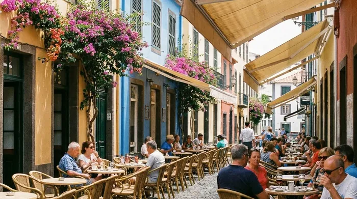 Illustration of café tables on a colourful street in Funchal