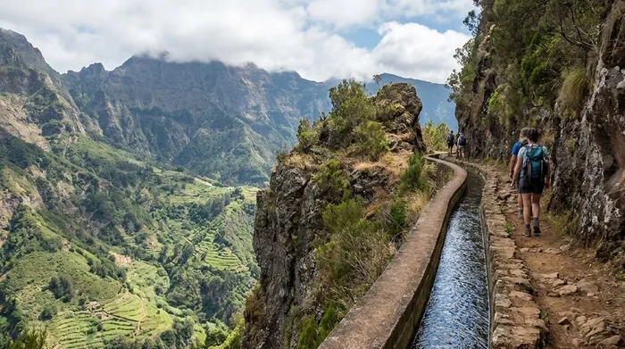Illustration of a levada path beside a steep drop on Madeira
