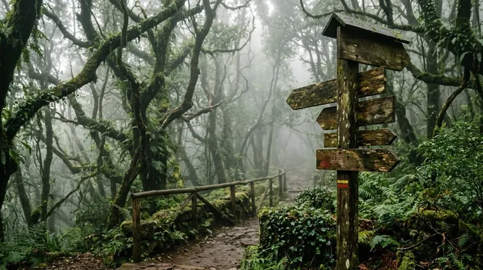 Illustration of a trailhead signpost in misty forest on Madeira