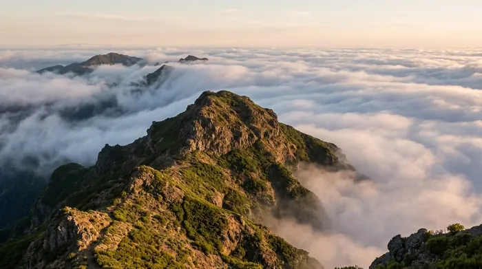Illustration of a sunlit mountain ridge above the clouds on Madeira