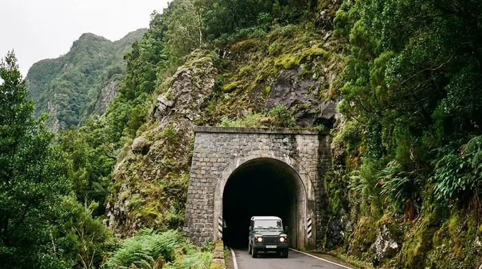 Illustration of a road tunnel in a steep green mountainside on Madeira