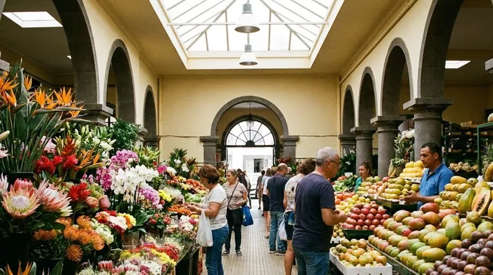 Illustration of flower and fruit stalls in Funchal's market hall