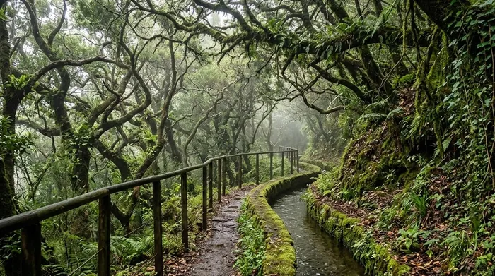 Illustration of a levada path through mossy laurel forest on Madeira
