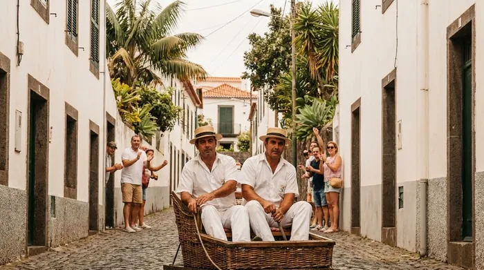 Illustration of a wicker toboggan and its drivers on a steep street on Madeira