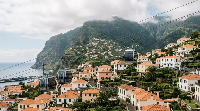 Illustration of cable car cabins above Funchal's rooftops