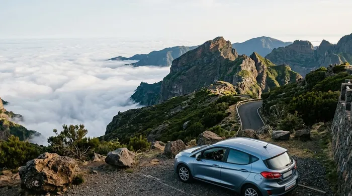 Illustration of a car at a mountain viewpoint above the clouds on Madeira