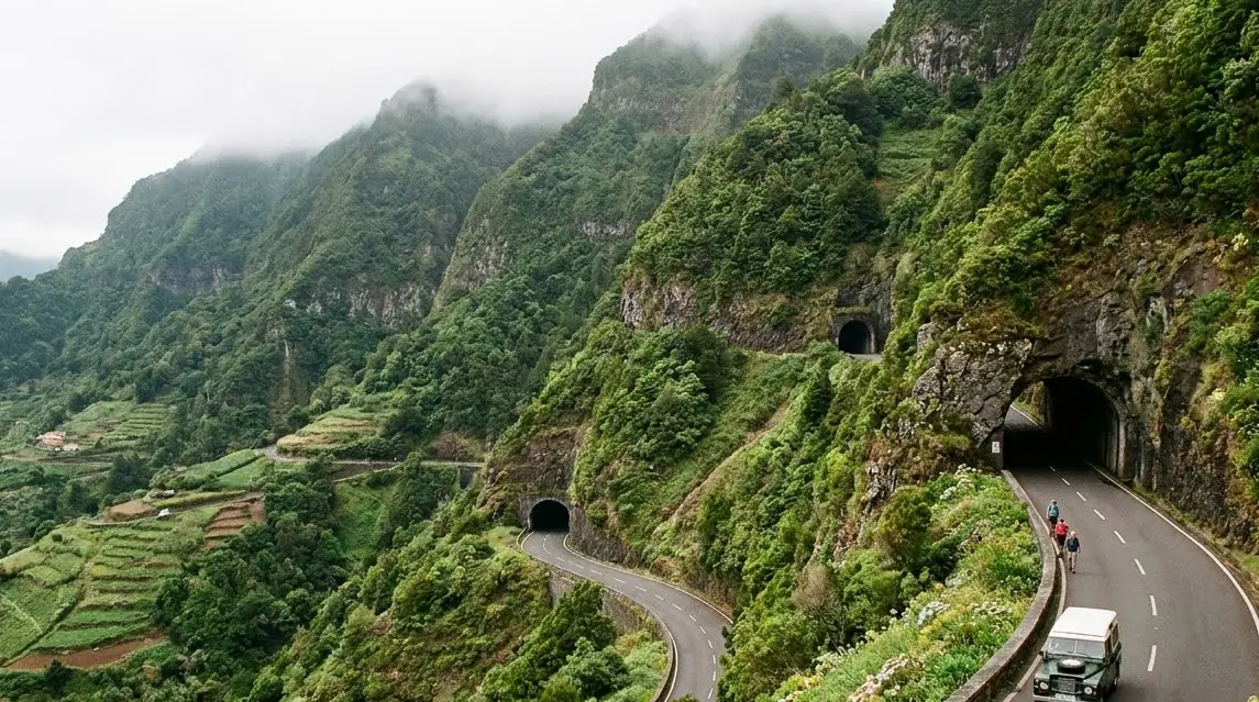 Illustration of a winding road with tunnels through Madeira's mountains