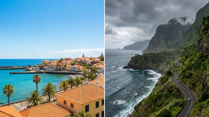 Illustration of Madeira's sunny south coast and green northern cliffs