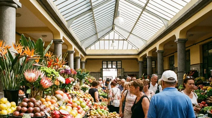 Illustration of fruit and flower stalls in Funchal's covered market