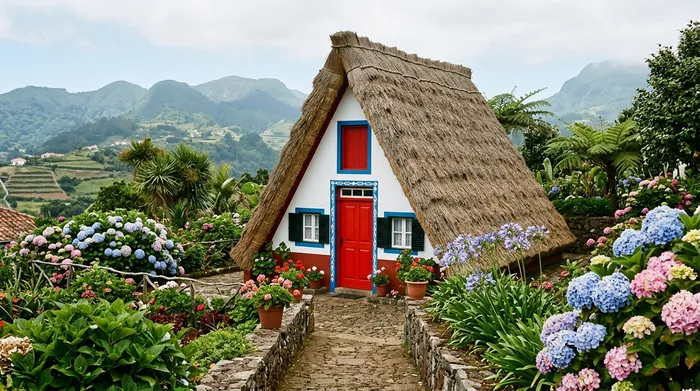 Illustration of a traditional thatched house in Santana, Madeira