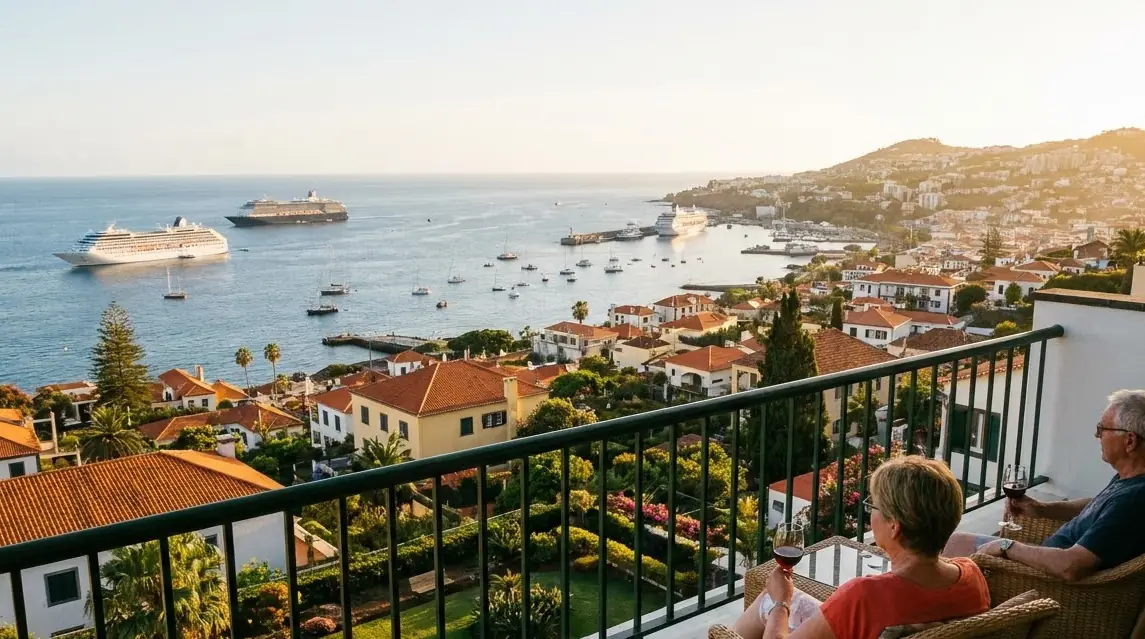 Illustration of a balcony view over Funchal's bay at sunset